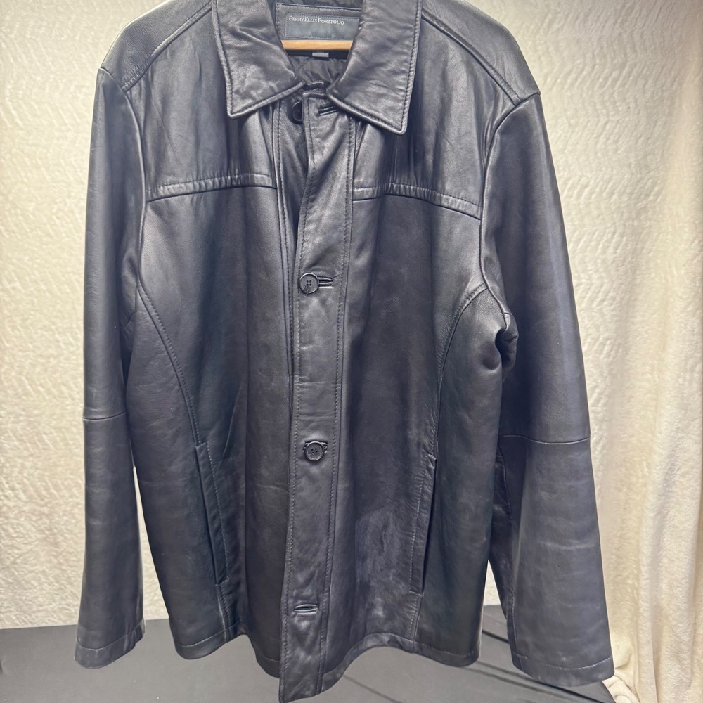 Perry Ellis Portfolio Mens XL Black Lambskin Leather Car Coat Jacket Button Up